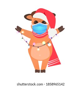 little ox in santa hat holding garland cow wearing mask to prevent coronavirus pandemic new year winter holidays celebration concept full length vector illustration