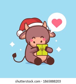 little ox in santa hat holding gift box happy chinese new year 2021 greeting card cute cow mascot cartoon character full length vector illustration