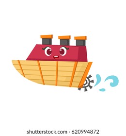 Little Paddle Retro Steamer Boat, Cute Girly Toy Wooden Ship With Face Cartoon Illustration