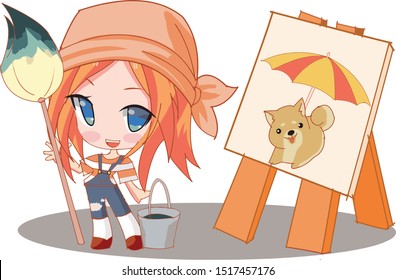 Little paint picture of a dog with beach umbrella on canvas