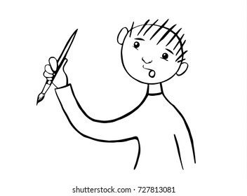 Little painter boy ,isolated on white background, hand drawing watercolor illustration