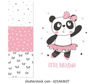 Little panda ballerina. Surface design and 3 seamless patterns. Can be used for kid's clothing. Use for t-shirt template, print, fashion wear