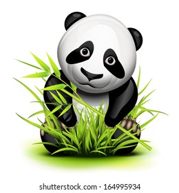 Little panda and bamboo on grass