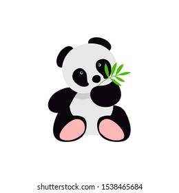 Little panda bear with bamboo isolated on white background.