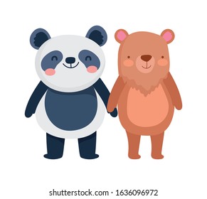 little panda and bear cartoon character on white background vector illustration