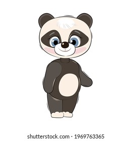 Little panda bear cub. Isolated object on a white background. Cheerful kind animal child. Cartoons flat style. Funny. Vector