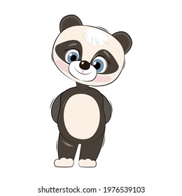 Little panda bear cub. Isolated object on a white background. Cheerful kind animal child. Cartoons flat style. Funny. Vector