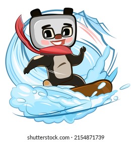 Little Panda Bear On A Snowboard. Winter And Snow. Cartoon Children Style Postcard. A Young Baby Animal Goes In For Sports. Cute Baby. The Isolated Object On A White Background. Vector.