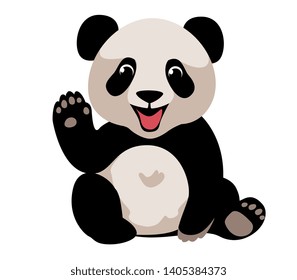 little Panda bear sitting, smiling and waving his paw