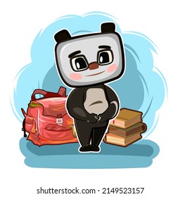 Little panda Bear wants to go to school. Retro backpack and books. Cute baby animal dreams of learning. Picture in cartoon style. Isolated over white background. Vector.