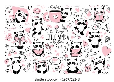 Little panda - big clipart collection. Set of illustrations with cute panda character doing various activities - hugging cup of coffee, sleeping, doing yoga, flying on balloon, eating watermelon.