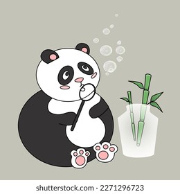 a little panda blows soap bubbles near a bamboo that stands in a transparent vase