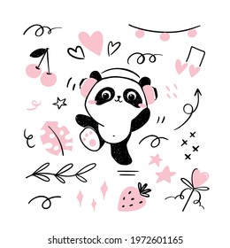 Little panda clipart set. Illustration of cute panda listening to musing in headsets and dancing. Vector cartoon drawing