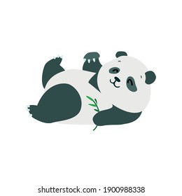 Pequeño panda. Cuidada ilustración de la graciosa panda bebé que yacía en su espalda aislada en un fondo blanco. Vector 10 EPS