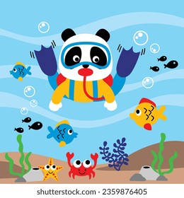 a little panda is diving in deep sea funny cartoon