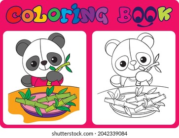 Little panda eats bamboo. Cartoon coloring book for children.