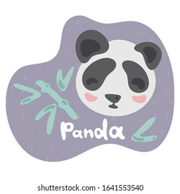 A little panda eats a bamboo and smiles. Kid panda in flat style. Text panda in violet speech bubble. Illustration for cards, animal abc, kids room, education, games