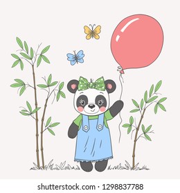 Little panda girl with balloon, bamboo. Cute vector illustration