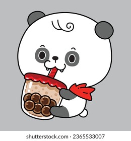 A Little Panda in Halloween costume is drinking Bubble Milk Tea. Chibi cute style