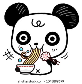 Little Panda happy eating ramen until his puffy cheeks. Kawaii cartoon style