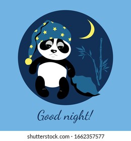 Little panda in a hat wants to sleep. Illustration for children.