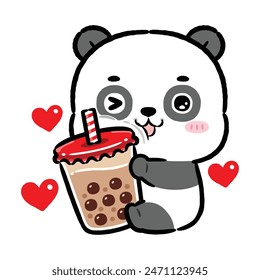 Little Panda Hugging Boba Milk Tea. Kawaii Style Cartoon