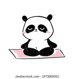 Little panda illustration. Cute hand-drawn panda character meditating on yoga mat. Vector cartoon drawing