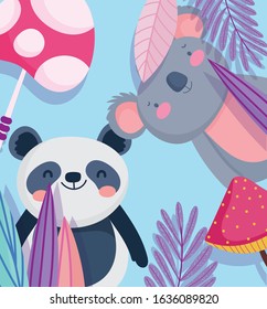 little panda and koala cartoon character forest foliage nature landscape vector illustration