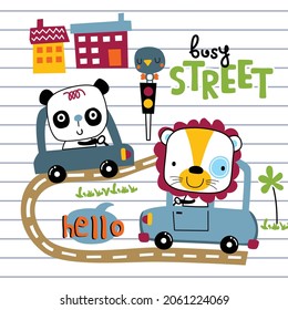 little panda and lion on the car funny animal cartoon