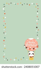 Little panda on a balloon with the lettering Happy Birthday. A cute festive cartoon character in a simple childish hand-drawn style. Vector template with confetti frame