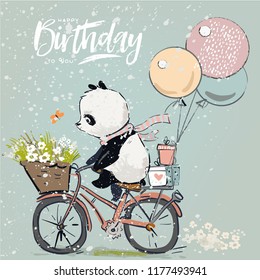 Little panda on a bike with balloons