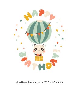 Little panda on a hot air balloon. Happy birthday bubble inscription. A cute festive cartoon character in a simple childish hand-drawn style. Vector isolate in pastel palette on white background