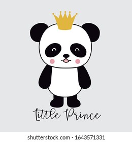 Little panda prince vector ilustration. Cute panda with crown for print.