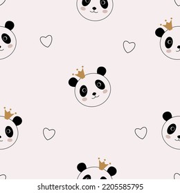 Little panda princess seamless pattern. Cartoon panda. Funny baby print. Cute animal. Creative nursery wallpapers. Boho style.