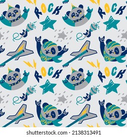 Little panda rockstar. Naive pattern for kid products. Vector illustration.