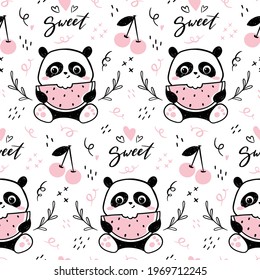 Little panda - seamless pattern. Seamless design with cute panda character eating watermelon. Vector cartoon illustration