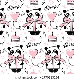 Little panda - seamless pattern. Seamless design with cute hand-drawn panda character holding a present with a bow