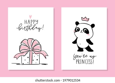 Little panda - set of cards. Cute panda character and birthday gift with big pink bow. Vector hand-drawn illustration