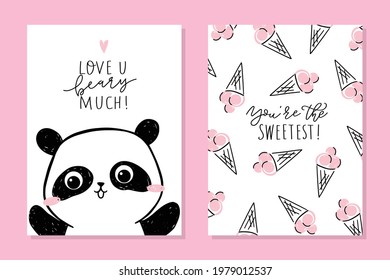 Little panda - set of cards. Cute panda character and text- Love u beary much. Scattered ice-cream illustrations and phrase - You're the sweetest. Vector cartoon art.