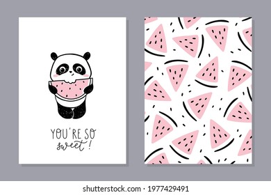 Little panda - set of cards with watermelon. Cute panda character eating watermelon with hand-lettered phrase - you are so sweet. Vector cartoon illustration.