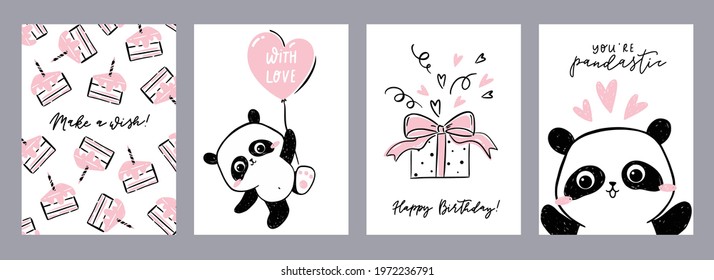 Little panda - set of postcards. Collection of birthday cards with lettering and drawings of cute panda, pieces of cakes and gift box.