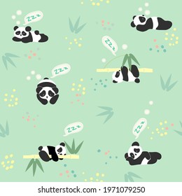 Little panda sleeping on a bamboo tree, seamless pattern, cartoon character.