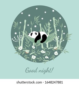 Little panda sleeps in a hammock. Illustration for children.