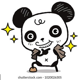 Little panda smiling with fingers on chin. Kawaii style cartoon