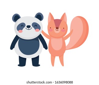 little panda and squirrel cartoon character on white background vector illustration