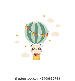 Little panda in the starry sky on a hot air balloon. A cute festive cartoon character in a simple childish hand-drawn style. Vector isolate in pastel vintage palette on white background