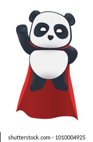 Little panda super hero flies in the air with a red cloak. Isolated on white background