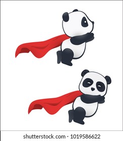 Little panda super hero flies in the air with a red cloak. Isolated on white background