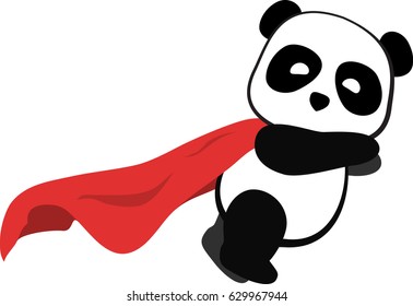 Little panda super hero flies in the air with a red cloak