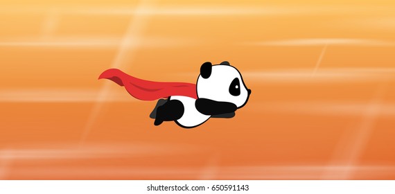 Little panda super hero flies in the air with a red cloak